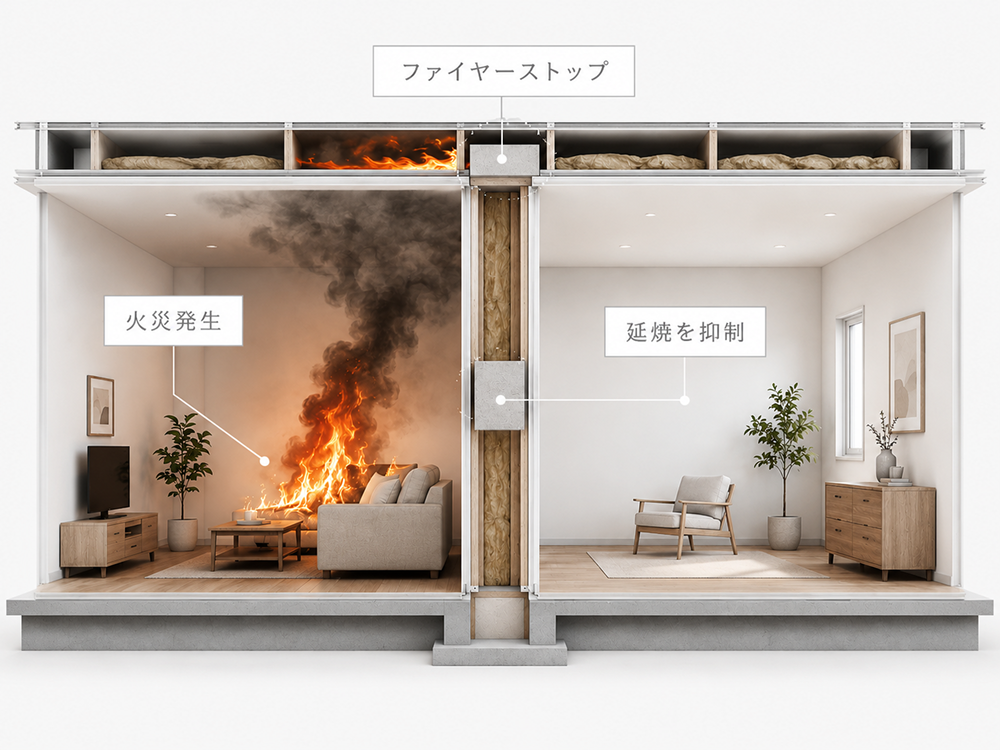 ファイヤーストップ構造により火災の延焼を抑制する仕組み